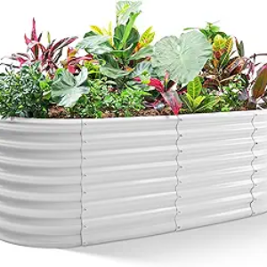 Land Guard 24“ Oval and Tall 4×2ft Outdoor Galvanized Raised Garden Bed Kit-Pearl White