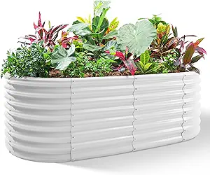 Land Guard 24“ Oval and Tall 4×2ft Outdoor Galvanized Raised Garden Bed Kit-Pearl White