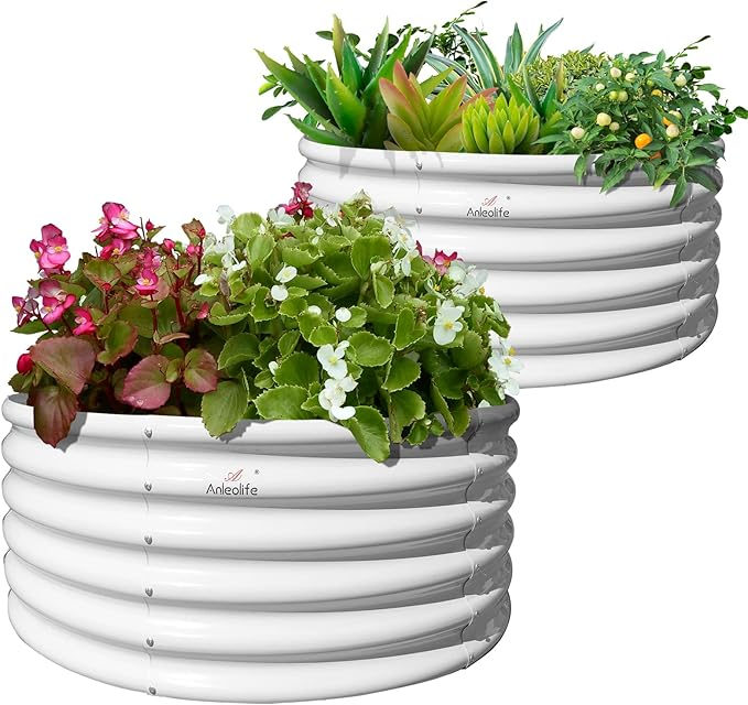 ANLEOLIFE 2-Pack 4ft x 18” Tall Round Outdoor Galvanized Raised Garden Beds - Antique White