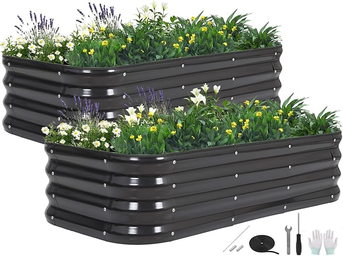 3 in 1 Rectangular Galvanized Raised Garden Bed - 4x2x1ft (2Packs) - Dark Grey