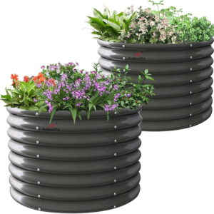 A ANLEOLIFE 2-Pack 3ft x 24” Tall Galvanized Raised Garden Beds Outdoor, Round Metal Planter Box for Planting Vegetables Flowers Herb, Anti-Rust & Easy-Setup, Quartz Grey