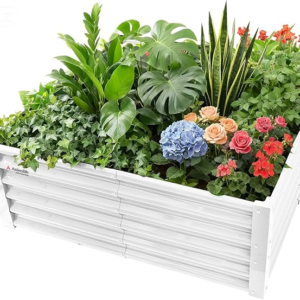 A ANLEOLIFE 4X4X1.5 ft Galvanized Raised Garden Beds Outdoor, Square Metal Planter Box for Planting Vegetables Flowers Herb, Anti-Rust & Easy-Setup, Antique White