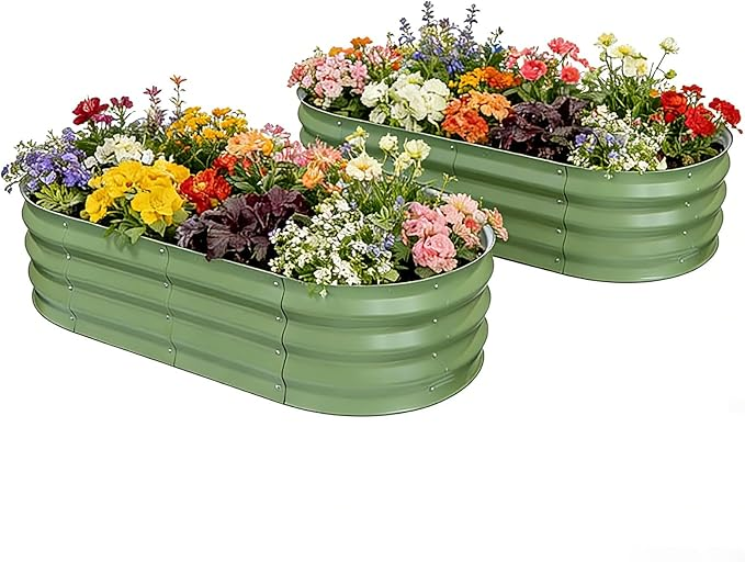 Large Outdoor Galvanized Raised Garden Bed for Gardening (2-Pack) - 6x3x3ft - Olive Green