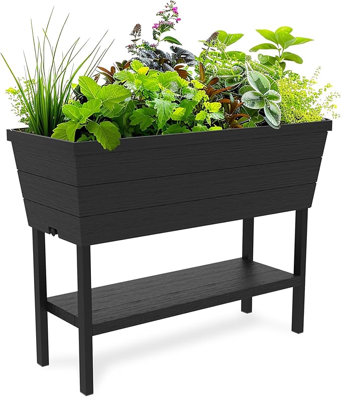 Keter Urban Bloomer 12.7 Gallon Raised Garden Bed and Outdoor Herb Garden Planter with Self Watering Gauge and Drainage Plug, Dark Grey