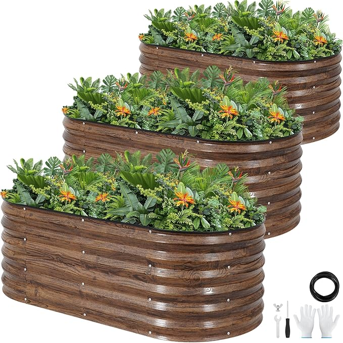 17'' Tall 3-Pieces Outdoor Galvanized Raised Garden Bed for Gardening - Rusty Brown
