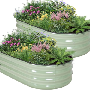 Galvanized Raised Garden Bed – 4×2×1ft (2 Packs) Planter Raised Beds for Gardening | Oval Metal Garden Planter Box with Safety Edging and Gloves for Vegetables Fruits Flower – AvocadoGreen
