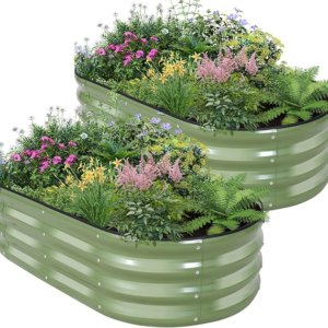 Galvanized Raised Garden Bed – 4×2×1ft (2 Packs) Planter Raised Beds for Gardening | Oval Metal Garden Planter Box with Safety Edging and Gloves for Vegetables Fruits and Flower OliveGreen