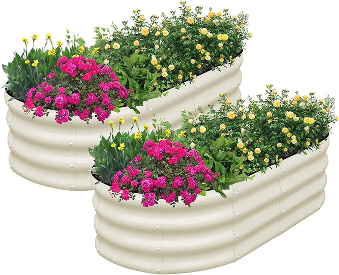 SnugNiture Outdoor Oval Galvanized Raised Garden Bed Outdoor- 2 Pieces - White