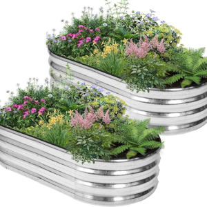 Galvanized Raised Garden Bed – 4×2×1ft (2 Packs) Planter Raised Beds for Gardening | Oval Metal Garden Planter Box with Safety Edging and Gloves for Vegetables Fruits and Flower – Silver