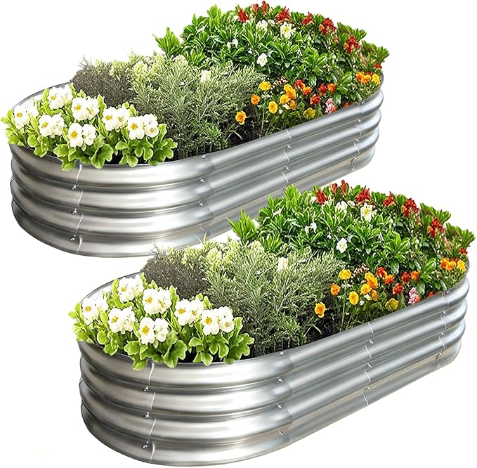 Large and Oval Galvanized Raised Garden Bed Kit - 4x2x1 FT (2-Pack) - Silver