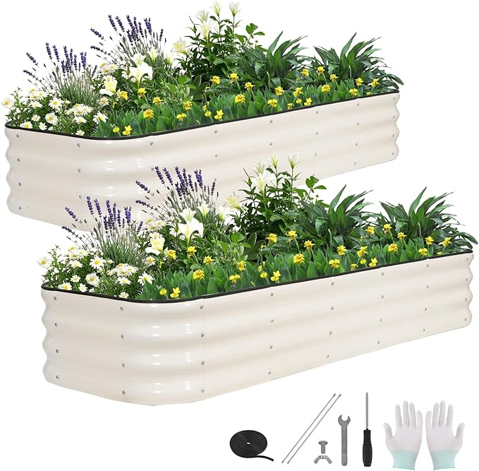 4 in 1 Rectangular Galvanized Raised Garden Bed - 6x2x1ft (2Packs) - White