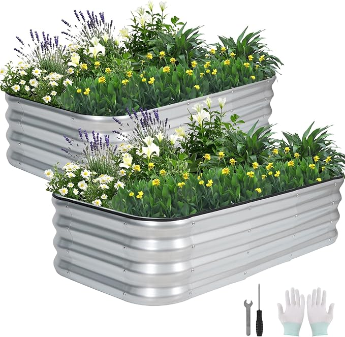 3 in 1 Rectangular Galvanized Raised Garden Bed- 4x2x1ft (2Packs) Modular Planter Box Outdoor - Plain Metal