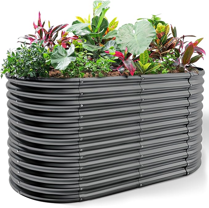 Land Guard 6x3x3ft Oval Galvanized Raised Garden Beds - Charcoal
