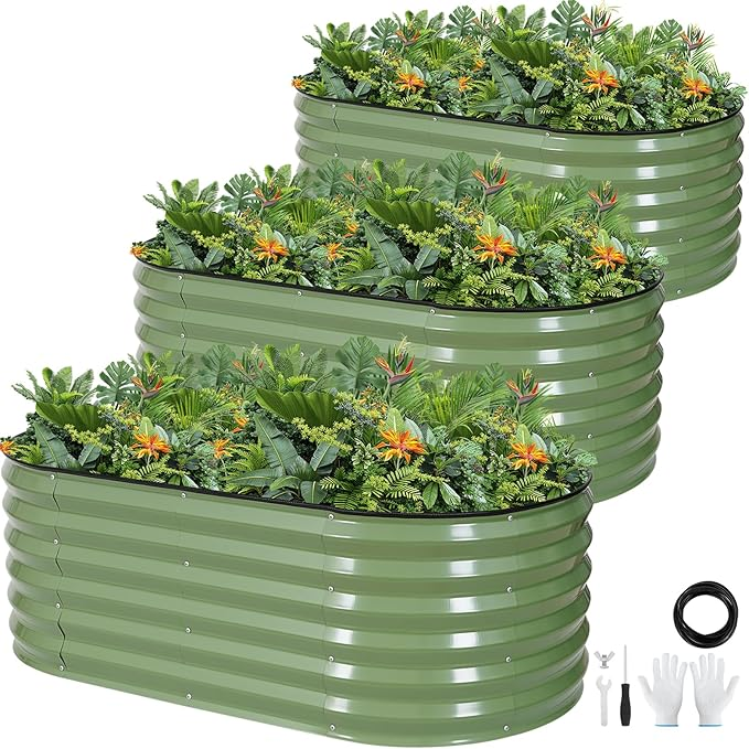 17'' Tall Galvanized Raised Garden Bed Kit Outdoor for Gardening 3-Pieces - Olive Green