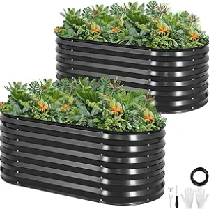 17 inches Tall Galvanized Raised Garden Bed Outdoor- 2 Pieces – Dark Grey