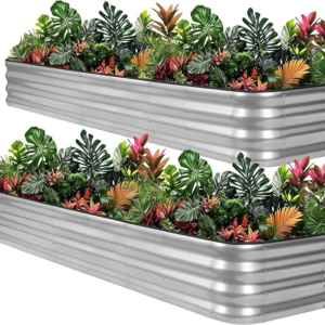 1MORE Raised Garden Bed -8X2X1 Galvanized Planter Box for Outdoor Gardening,5 in 1 Modular Raised Bed Kit with Protective Tape, Gloves for Herb,Ideal for Vegetables and Plants.Sliver-2pack