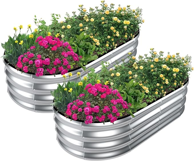SnugNiture 2-Pieces Oval Outdoor Galvanized Raised Garden Bed Outdoor - Silver