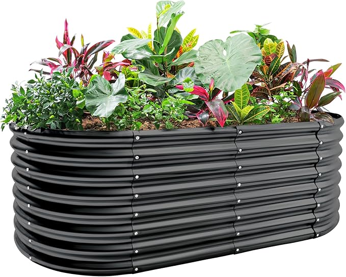 Land Guard 24“ Tall Oval and Large Galvanized Raised Garden Bed Kit - Dark Gray