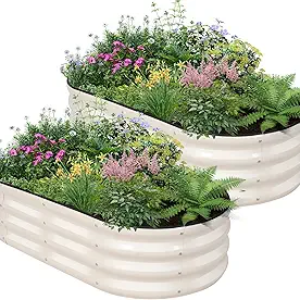Galvanized Raised Garden Bed – 4×2×1ft (2 Packs) Planter Raised Beds for Gardening | Oval Metal Garden Planter Box with Safety Edging and Gloves for Vegetables Fruits and Flower (White)