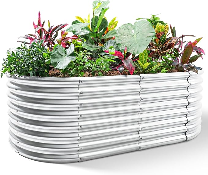 Land Guard 24“ Tall Oval Galvanized Raised Garden Bed Kit - White