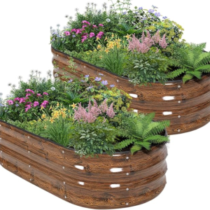 Galvanized Raised Garden Bed – 4×2×1ft (2 Packs) Planter Raised Beds for Gardening | Oval Metal Garden Planter Box with Safety Edging and Gloves for Vegetables Fruits and Flower – Grain