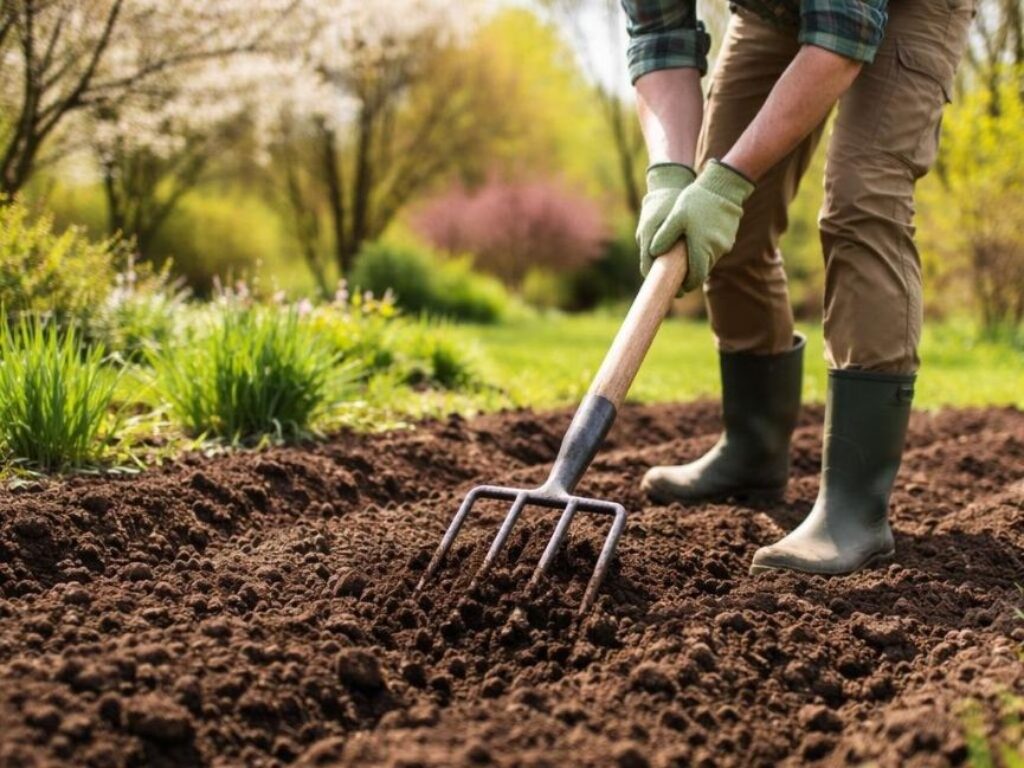 Person preparing garden soil in a sunny garden area during early spring, using gardening tools to till the soil.